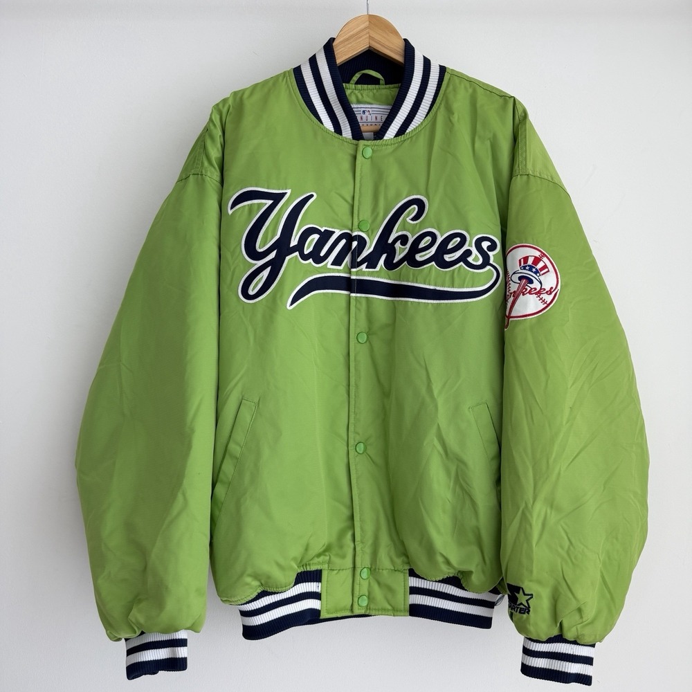 Starter New York Yankees Jacket XL Lime Green Satin Bomber Baseball Spell Out